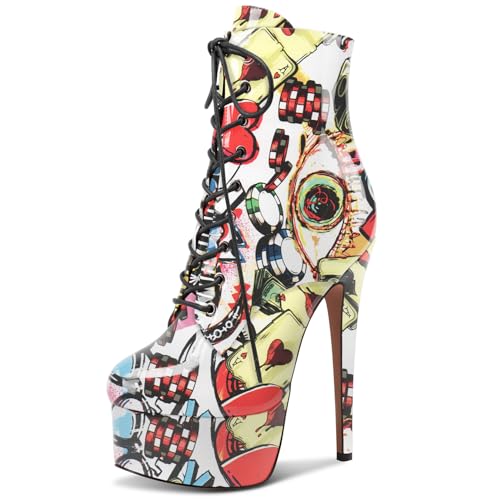 NobleOnly Damen Hoher High Stiletto Plateau Plattform Absatz Heel Runde Zehenkappe Reißverschluss Schnüren Schnürung Abschlussball Stiefeletten 15 CM Heels Poker-Muster 35 EU von NobleOnly