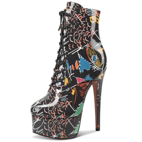 NobleOnly Damen Hoher High Stiletto Plateau Plattform Absatz Heel Runde Zehenkappe Reißverschluss Schnüren Schnürung Abschlussball Stiefeletten 15 CM Heels Schwarzes Doodle 39 EU von NobleOnly
