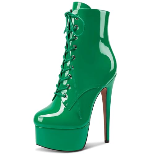 NobleOnly Damen Hoher High Stiletto Plateau Plattform Absatz Heel Runde Zehenkappe Reißverschluss Schnüren Schnürung Abschlussball Stiefeletten 15 CM Heels Tiefgrün 40 EU von NobleOnly