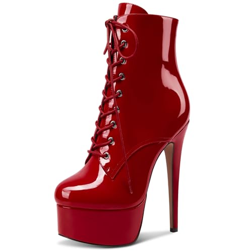 NobleOnly Damen Hoher High Stiletto Plateau Plattform Absatz Heel Runde Zehenkappe Reißverschluss Schnüren Schnürung Abschlussball Stiefeletten 15 CM Heels Weinrot 43 EU von NobleOnly