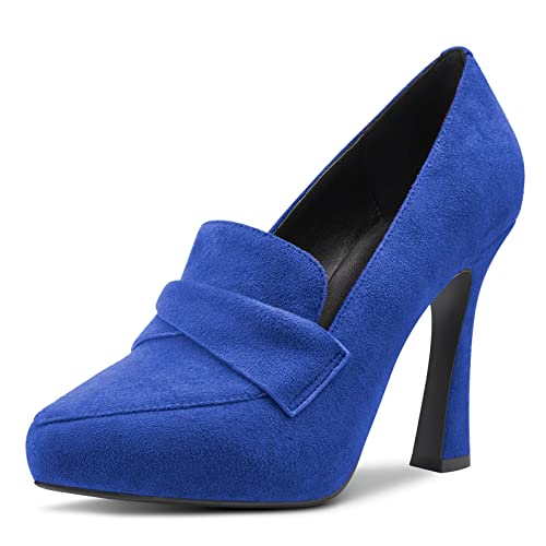 NobleOnly Damen Hoher High Stiletto Plateau Plattform Absatz Heel Spitze Zehenkappe Pumps Slip-on Hochzeit Büroschuhe Dress 10 cm Heels Schuhe Blau Wildleder A 38 EU von NobleOnly