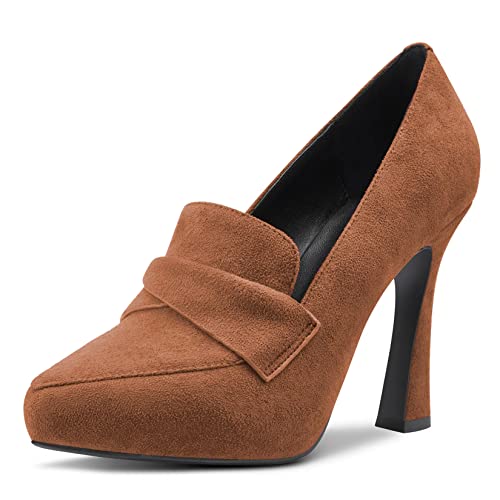 NobleOnly Damen Hoher High Stiletto Plateau Plattform Absatz Heel Spitze Zehenkappe Pumps Slip-on Hochzeit Büroschuhe Dress 10 cm Heels Schuhe Braun Wildleder A 38 EU von NobleOnly