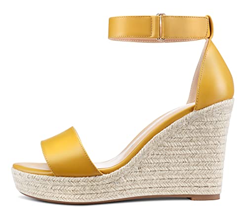 NobleOnly Damen Keil Plattform Peep-Toe Sandalen High Heels Elegante Knöchel-Riemen Sandale 10CM Heel Gelb Matt Schuhe EU 40 von NobleOnly