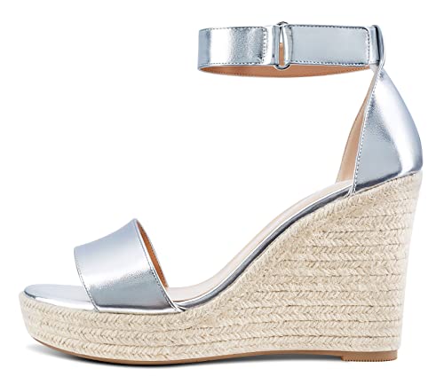 NobleOnly Damen Keil Plattform Peep-Toe Sandalen High Heels Elegante Knöchel-Riemen Sandale 10CM Heel Silber Matt Schuhe EU 38 von NobleOnly