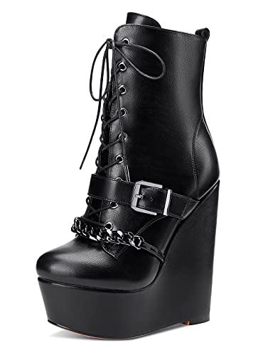 NobleOnly Damen Keilabsatz Plattform Stiefeletten Schnürsenkel Reißverschluss Blockabsatz 15CM Wedge High Heels Schwarz Matte Schuhe EU41 von NobleOnly