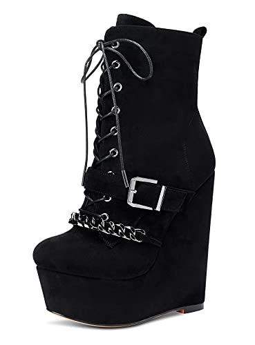 NobleOnly Damen Keilabsatz Plattform Stiefeletten Schnürsenkel Reißverschluss Blockabsatz 15CM Wedge High Heels Schwarz Wildleder Schuhe EU38 von NobleOnly