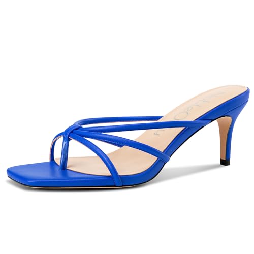 NobleOnly Damen Kitten Absatz Heel Pantoletten Schuhe Eckige Open Zehenkappe Slip-on Dress Sandalen Abschlussball Party Schuhe 6.5 CM Heels Königsblau 40 EU von NobleOnly