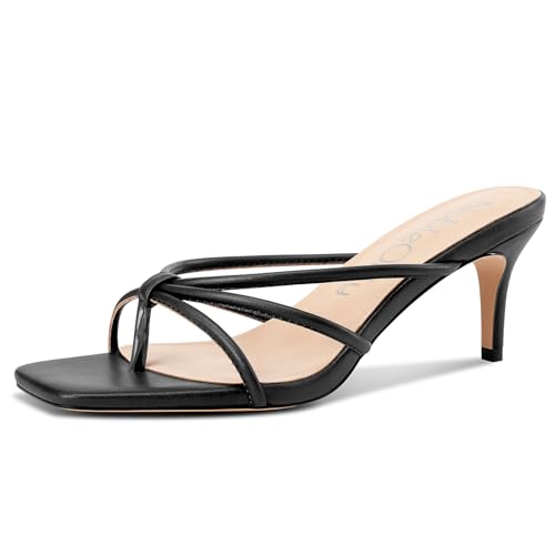 NobleOnly Damen Kitten Absatz Heel Pantoletten Schuhe Eckige Open Zehenkappe Slip-on Dress Sandalen Abschlussball Party Schuhe 6.5 CM Heels Schwarz 38 EU von NobleOnly