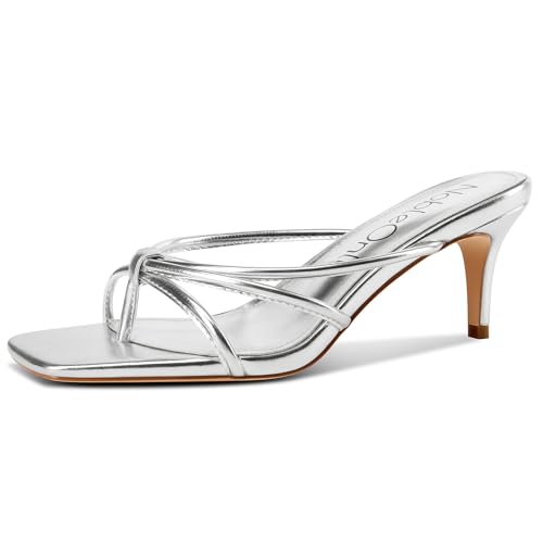NobleOnly Damen Kitten Absatz Heel Pantoletten Schuhe Eckige Open Zehenkappe Slip-on Dress Sandalen Abschlussball Party Schuhe 6.5 CM Heels Silber 38 EU von NobleOnly