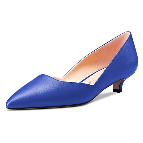 NobleOnly Damen Kitten Niedrige Absatz Heel Spitze Zehenkappe Pumps Slip-on Hochzeit Büroschuhe 3.5 cm Heels Blau A 35 EU von NobleOnly