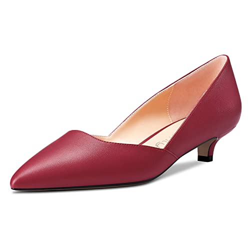 NobleOnly Damen Kitten Niedrige Absatz Heel Spitze Zehenkappe Pumps Slip-on Hochzeit Büroschuhe 3.5 cm Heels Burgund Rot 44 EU von NobleOnly