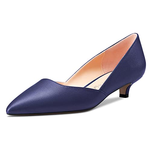 NobleOnly Damen Kitten Niedrige Absatz Heel Spitze Zehenkappe Pumps Slip-on Hochzeit Büroschuhe 3.5 cm Heels Navy Blau 38 EU von NobleOnly