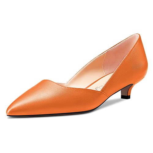 NobleOnly Damen Kitten Niedrige Absatz Heel Spitze Zehenkappe Pumps Slip-on Hochzeit Büroschuhe 3.5 cm Heels Orange 40 EU von NobleOnly