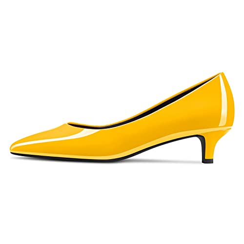 NobleOnly Damen Kitten Niedrige Absatz Heel Spitze Zehenkappe Pumps Slip-on Hochzeit Büroschuhe 3.5 cm Heels Schuhe Gelb Lackleder 38 EU von NobleOnly