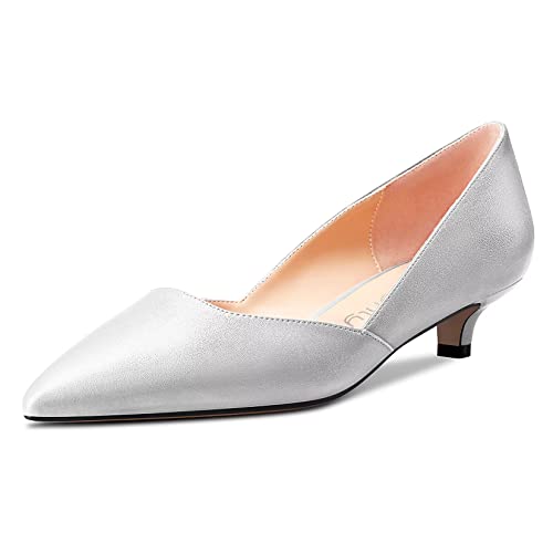 NobleOnly Damen Kitten Niedrige Absatz Heel Spitze Zehenkappe Pumps Slip-on Hochzeit Büroschuhe 3.5 cm Heels Silber 43 EU von NobleOnly