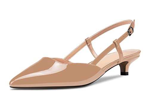 NobleOnly Damen Kitten Niedrige Stiletto Absatz Heel Geschlossene Spitze Zehenkappe Pumps Knöchelriemen Slingback Büroschuhe Sandalen Clear Dress Cute Schuhe Beige Lackleder 41 EU von NobleOnly