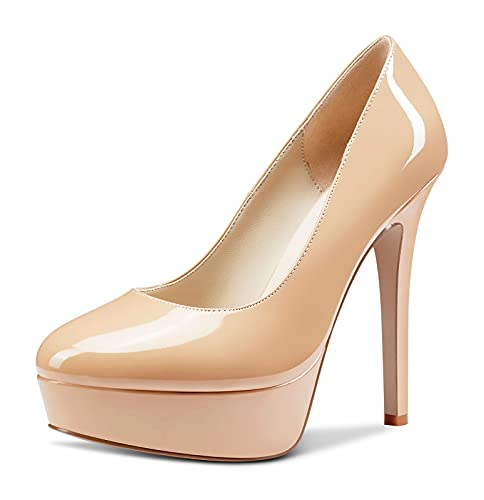 NobleOnly Damen Lederfutter Plattform High Heels Stilettos Slip-On Pumps 13CM Heel Beige Nackt Lackleder Schuhe EU43 von NobleOnly