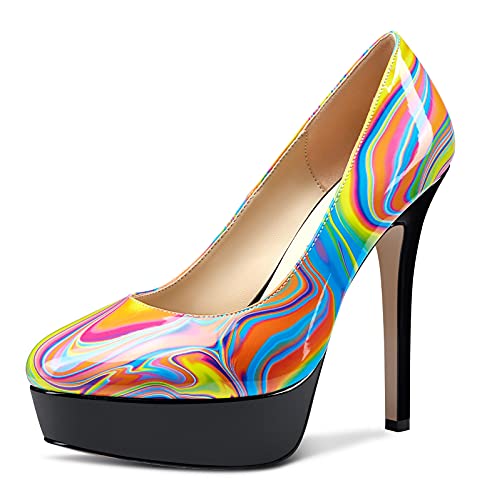 NobleOnly Damen Lederfutter Plattform High Heels Stilettos Slip-On Pumps 13CM Heel Mehrfarbig Regenbogen Schuhe EU38 von NobleOnly