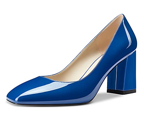 NobleOnly Damen Lederfutter Quadratische Zehe High Heels Pumps Blockabsatz 7.5CM Heel Blau Lackleder Schuhe EU 38 von NobleOnly