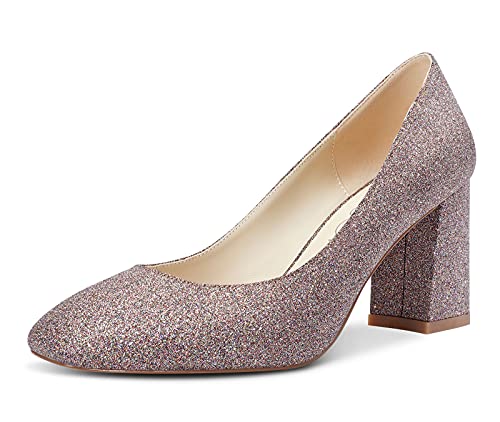 NobleOnly Damen Lederfutter Quadratische Zehe High Heels Pumps Blockabsatz 7.5CM Heel Gold Glitter Schuhe EU 43 von NobleOnly