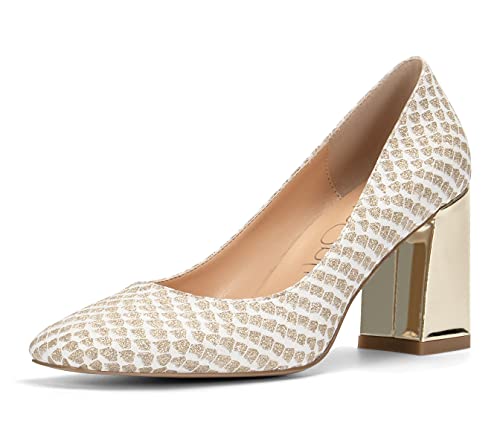 NobleOnly Damen Lederfutter Quadratische Zehe High Heels Pumps Blockabsatz 7.5CM Heel Gold Schuhe EU 39.5 von NobleOnly