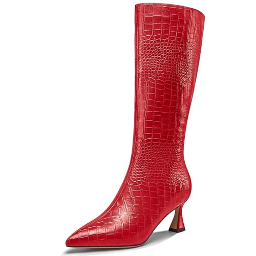 NobleOnly Damen Mittlerem Absatz Heel Geschlossene Spitze Zehenkappe Reißverschluss Abschlussball Dress Mid Calf Stiefel Lässig Winter Schuhe 6 CM Heels Rot 45 EU von NobleOnly