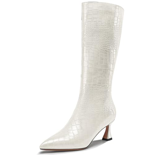 NobleOnly Damen Mittlerem Absatz Heel Geschlossene Spitze Zehenkappe Reißverschluss Abschlussball Dress Mid Calf Stiefel Lässig Winter Schuhe 6 CM Heels Weiß 39 EU von NobleOnly