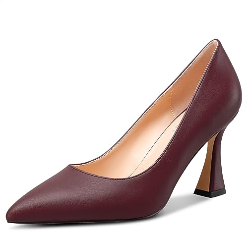 NobleOnly Damen Mittlerem Absatz Heel Slip-on Geschlossene Spitze Zehenkappe Klassisch Dress Pumps Lässig Büroschuhe Sommer Schuhe 8.5 cm Heels Burgunderrot 38 EU von NobleOnly