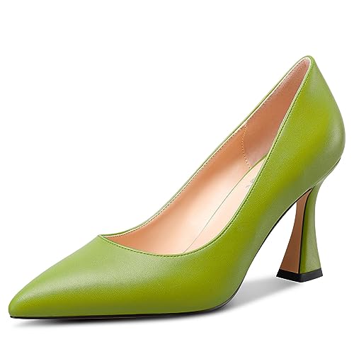 NobleOnly Damen Mittlerem Absatz Heel Slip-on Geschlossene Spitze Zehenkappe Klassisch Dress Pumps Lässig Büroschuhe Sommer Schuhe 8.5 cm Heels Grün A 37 EU von NobleOnly