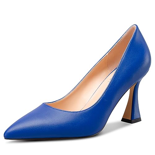 NobleOnly Damen Mittlerem Absatz Heel Slip-on Geschlossene Spitze Zehenkappe Klassisch Dress Pumps Lässig Büroschuhe Sommer Schuhe 8.5 cm Heels Königsblau 38 EU von NobleOnly