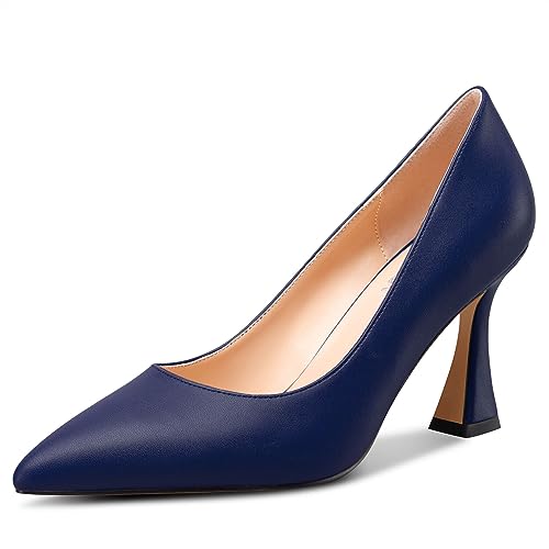 NobleOnly Damen Mittlerem Absatz Heel Slip-on Geschlossene Spitze Zehenkappe Klassisch Dress Pumps Lässig Büroschuhe Sommer Schuhe 8.5 cm Heels Marineblau 39 EU von NobleOnly