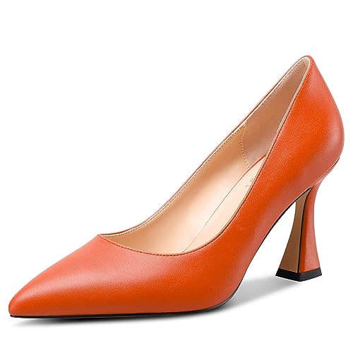 NobleOnly Damen Mittlerem Absatz Heel Slip-on Geschlossene Spitze Zehenkappe Klassisch Dress Pumps Lässig Büroschuhe Sommer Schuhe 8.5 cm Heels Orange 39 EU von NobleOnly