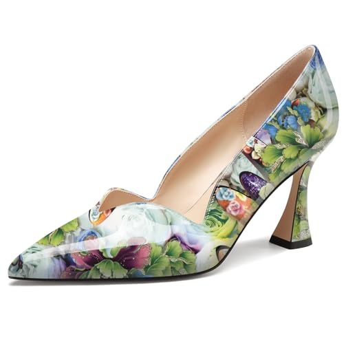 NobleOnly Damen Mittlerem Absatz Heel Spitze Zehenkappe Dress Slip-on Pumps Cute Lässig Büroschuhe Klassisch Schuhe 8 cm Heels Grüne Blume 40 EU von NobleOnly