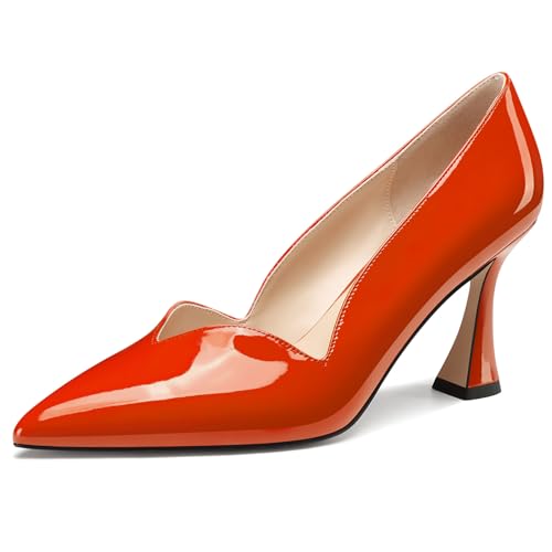 NobleOnly Damen Mittlerem Absatz Heel Spitze Zehenkappe Dress Slip-on Pumps Cute Lässig Büroschuhe Klassisch Schuhe 8 cm Heels Orange 43 EU von NobleOnly