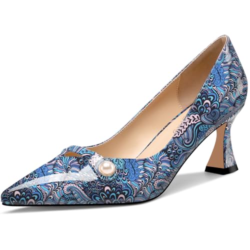 NobleOnly Damen Mittlerem Absatz Heel Spitze Zehenkappe Slip-on Perlen Dress Pumps Glitzer Lässig Schuhe 6 cm Heels Blau Mehrfarbig 40 EU von NobleOnly