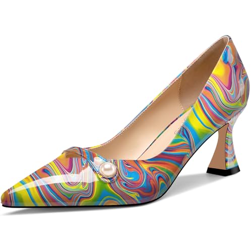 NobleOnly Damen Mittlerem Absatz Heel Spitze Zehenkappe Slip-on Perlen Dress Pumps Glitzer Lässig Schuhe 6 cm Heels Buntes Graffiti 40 EU von NobleOnly