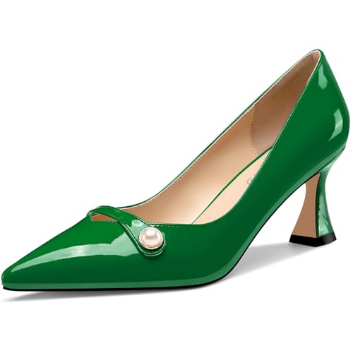 NobleOnly Damen Mittlerem Absatz Heel Spitze Zehenkappe Slip-on Perlen Dress Pumps Glitzer Lässig Schuhe 6 cm Heels Grün 37 EU von NobleOnly