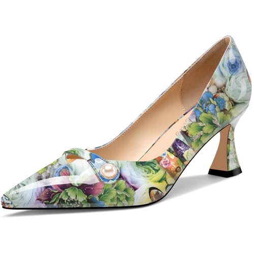 NobleOnly Damen Mittlerem Absatz Heel Spitze Zehenkappe Slip-on Perlen Dress Pumps Glitzer Lässig Schuhe 6 cm Heels Grüne Blume 41 EU von NobleOnly