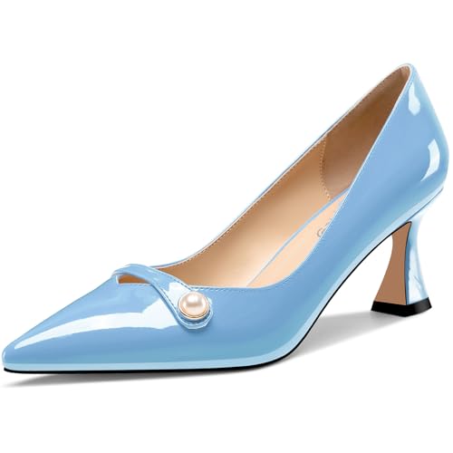 NobleOnly Damen Mittlerem Absatz Heel Spitze Zehenkappe Slip-on Perlen Dress Pumps Glitzer Lässig Schuhe 6 cm Heels Himmelblau 40 EU von NobleOnly