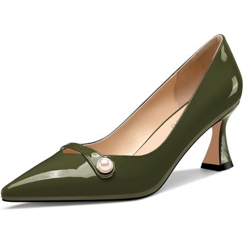 NobleOnly Damen Mittlerem Absatz Heel Spitze Zehenkappe Slip-on Perlen Dress Pumps Glitzer Lässig Schuhe 6 cm Heels Olivgrün 41 EU von NobleOnly