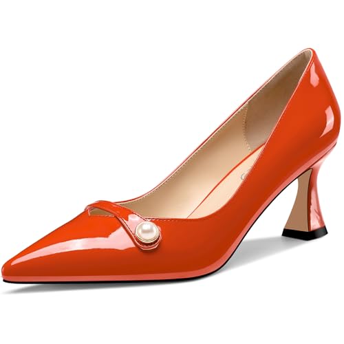 NobleOnly Damen Mittlerem Absatz Heel Spitze Zehenkappe Slip-on Perlen Dress Pumps Glitzer Lässig Schuhe 6 cm Heels Orange 40 EU von NobleOnly