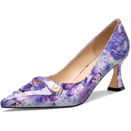 NobleOnly Damen Mittlerem Absatz Heel Spitze Zehenkappe Slip-on Perlen Dress Pumps Glitzer Lässig Schuhe 6 cm Heels Violette Blume 40 EU von NobleOnly
