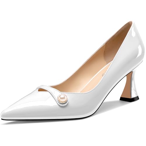 NobleOnly Damen Mittlerem Absatz Heel Spitze Zehenkappe Slip-on Perlen Dress Pumps Glitzer Lässig Schuhe 6 cm Heels Weiß 40 EU von NobleOnly