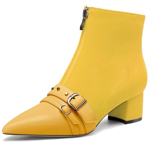 NobleOnly Damen Mittlerem Blockabsatz Absatz Heel Spitze Zehenkappe Nieten Patchwork Stiefeletten Schnalle Reißverschluss Abschlussball Schuhe 5 CM Heels Gelb 40 EU von NobleOnly