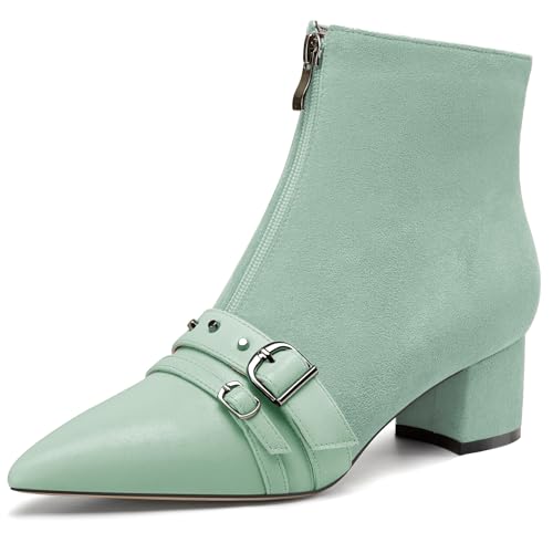 NobleOnly Damen Mittlerem Blockabsatz Absatz Heel Spitze Zehenkappe Nieten Patchwork Stiefeletten Schnalle Reißverschluss Abschlussball Schuhe 5 CM Heels Hellgrün 39 EU von NobleOnly