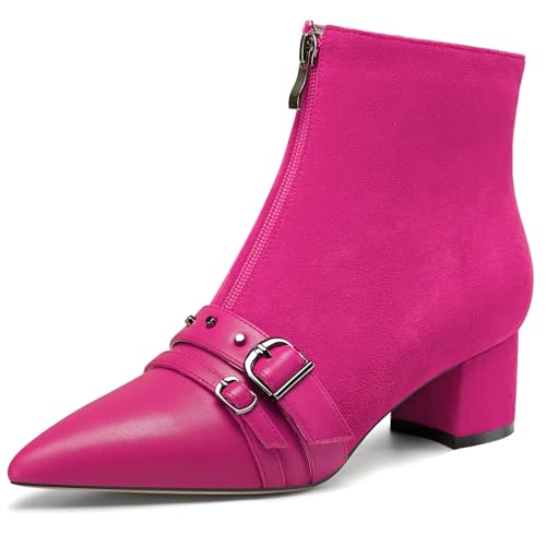 NobleOnly Damen Mittlerem Blockabsatz Absatz Heel Spitze Zehenkappe Nieten Patchwork Stiefeletten Schnalle Reißverschluss Abschlussball Schuhe 5 CM Heels Magenta 43 EU von NobleOnly