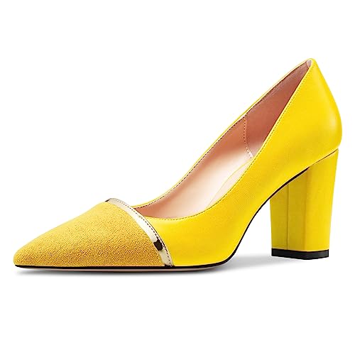 NobleOnly Damen Mittlerem Blockabsatz Absatz Heel Spitze Zehenkappe Slip-on Patchwork Pumps Abschlussball Lässig Party Schuhe 8 cm Heels Gelb 37 EU von NobleOnly