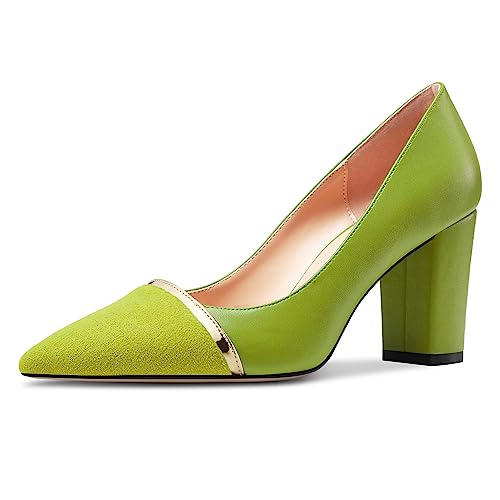 NobleOnly Damen Mittlerem Blockabsatz Absatz Heel Spitze Zehenkappe Slip-on Patchwork Pumps Abschlussball Lässig Party Schuhe 8 cm Heels Grün 38 EU von NobleOnly