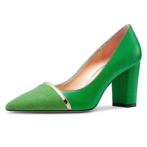 NobleOnly Damen Mittlerem Blockabsatz Absatz Heel Spitze Zehenkappe Slip-on Patchwork Pumps Abschlussball Lässig Party Schuhe 8 cm Heels Grün A 38 EU von NobleOnly
