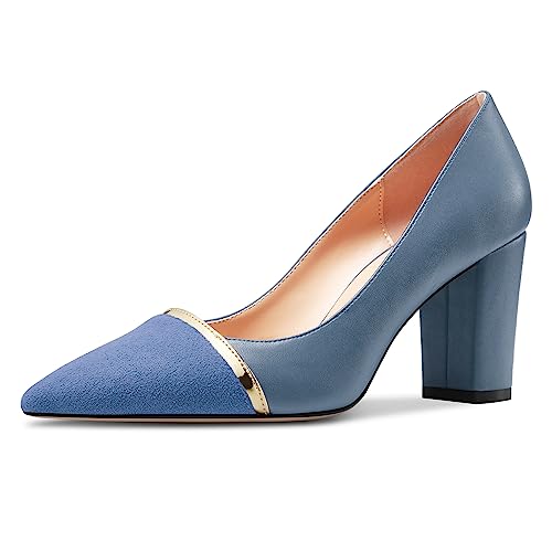 NobleOnly Damen Mittlerem Blockabsatz Absatz Heel Spitze Zehenkappe Slip-on Patchwork Pumps Abschlussball Lässig Party Schuhe 8 cm Heels Kobaltblau 38 EU von NobleOnly